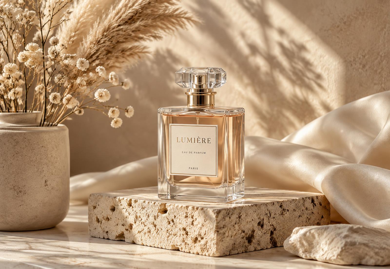 Frasco de perfume sobre pedra travertino